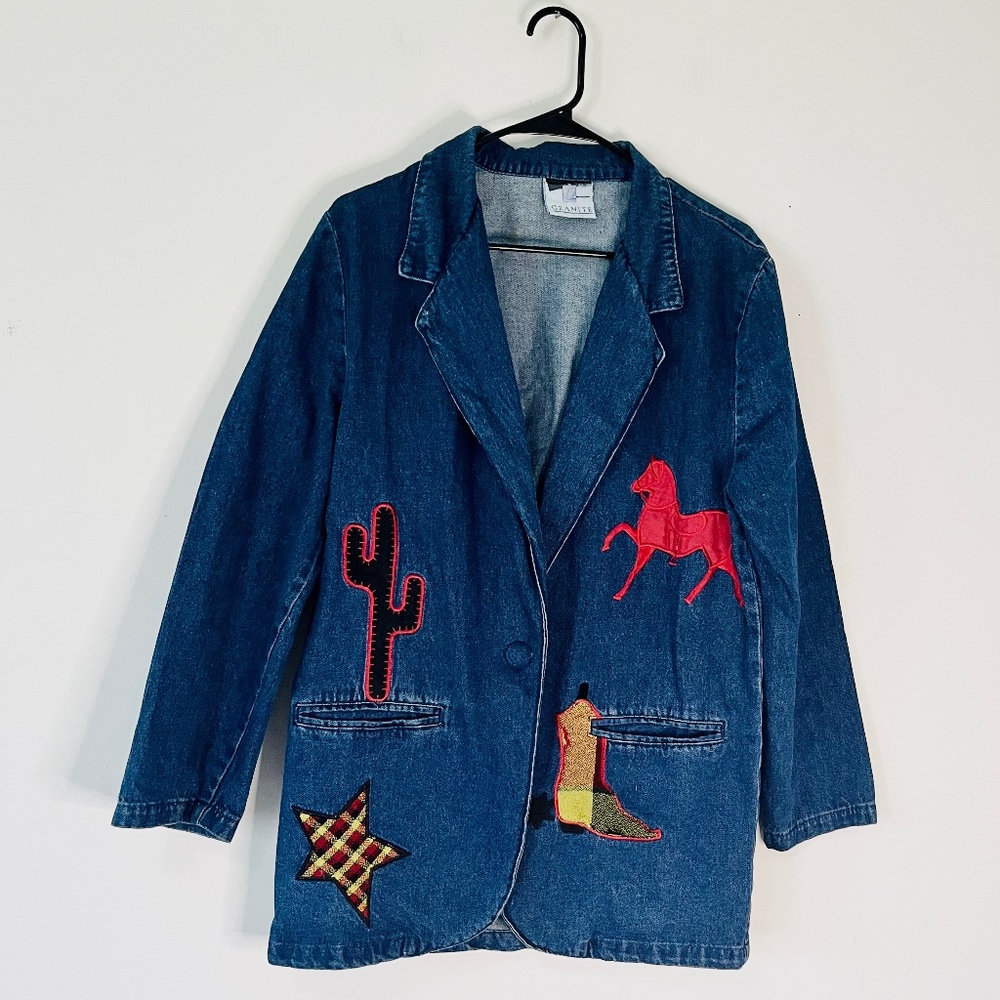 Vintage-Inspired Dark Blue Denim Jacket with Western Patches